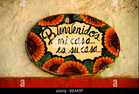 Bienvenidos (welcome) sign (translation: my house is your house) in village of Copala, Sinaloa, Mexico Stock Photo