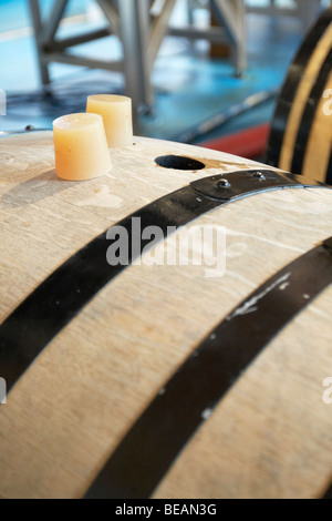 barrels with fermenting wine silicone bungs hoops Bodegas Margon DO Tierra de Leon Pajares de los Oteros spain castile and leon Stock Photo