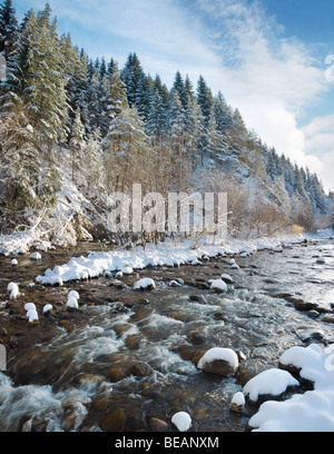 Iskar river with snowy stones, near Mala Tsarkva. Winter in Rila mountain. Stock Photo