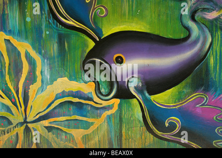 Strange fish painting on a wall of the Soberania National Park of Panama City. Stock Photo