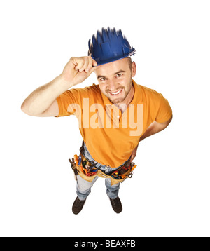 funny portrait of classic young caucasian handyman isolated on white Stock Photo