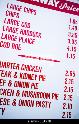 Fish and chips take away restaurant menu, Brixham, Devon, UK Stock Photo