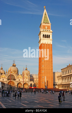 Piazza San Marco,St Marks  Square and the Campanile or bell tower surrounded by crowds of tourists. Stock Photo