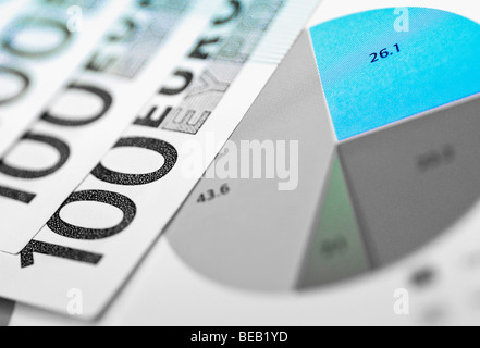 One hundred Euro banknotes on a financial data Stock Photo