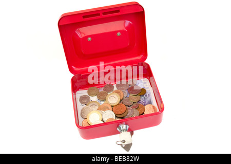 A Red Metal Lockable Petty Cash Box Containing British Coins and Notes Isolated Against A White Background Stock Photo