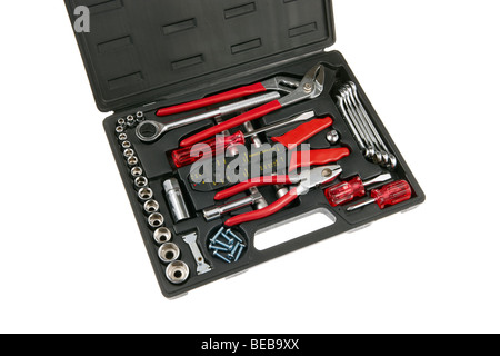 Tool kit in a black plastic case against white background. Stock Photo