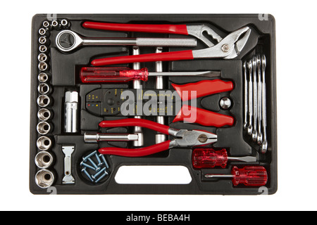 Tool kit.in a black plastic box on white background. Stock Photo