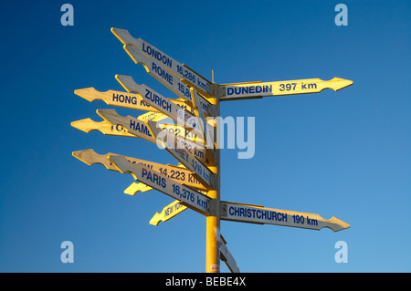 Distance and Direction Sign, Cape Foulwind, near Westport, West Coast, South Island, New Zealand Stock Photo