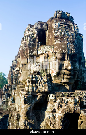 Face Tower showing three huge carved faces, The Bayon, Temples of Angkor, Siem Reap Province, Cambodia Stock Photo