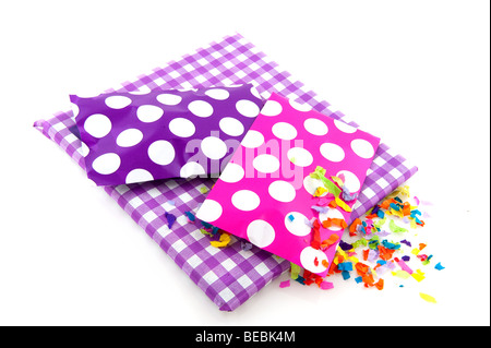 Presents for a birthday in purple with speckles and checkered Stock Photo