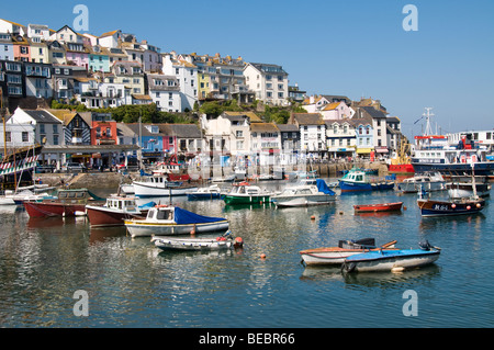 Houses on the hill and moored boats, Brixham Harbour, Devon, UK Stock Photo