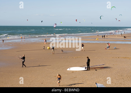 Kite surfing on beach, Wissant, Near Calais, North coast of France Stock Photo