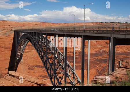 Arch bridge across a river, Glen Canyon Dam Bridge, Lake Powell, Colorado River, Page, Arizona, USA Stock Photo