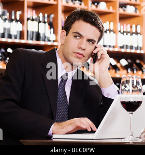 Businessman talking on a mobile phone and working on a laptop Stock Photo