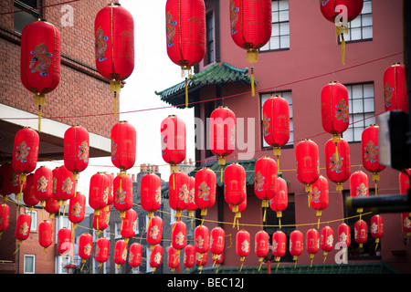 Red lanterns to celebrate Chinese New Year hang across Gerrard Place in London England UK Stock Photo