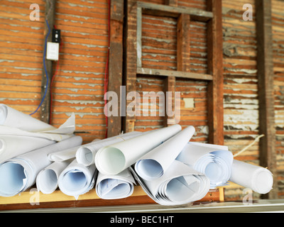 Canada,Ontario,Queenston,Willowbank School of Restoration Arts School, stack of blueprints and old wall Stock Photo
