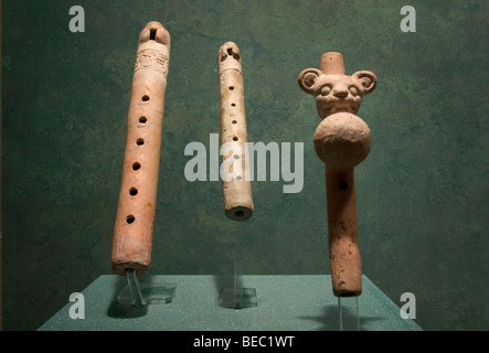 Maya musical instruments, clay flutes, in the National Museum of Anthropology, Mexico City. Stock Photo