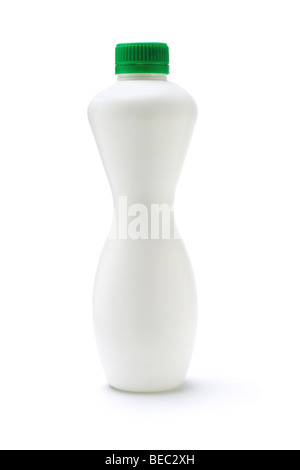 Blank white plastic bottle of fruit juice or milk on white background Stock Photo