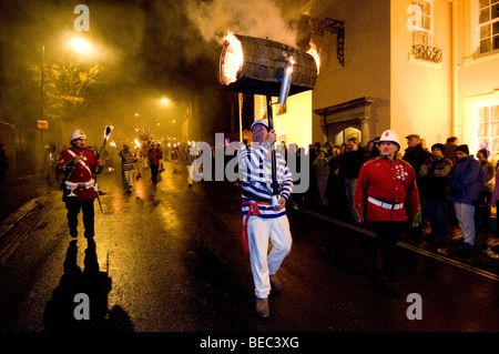 Traditional bonfire night parade in Lewes East Sussex commemorating Guy