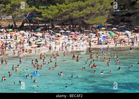 Cala Macarella, Menorca, Spain. Crowded in summer. Stock Photo