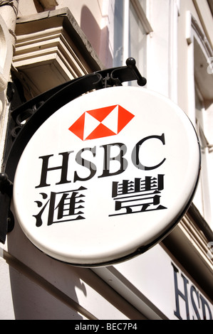 HSBC Bank sign in Chinese, Gerrard Street, Chinatown, Soho, City of Westminster, London, England, United Kingdom Stock Photo