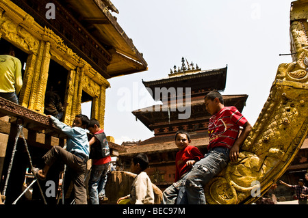 Children play on the beautiful Chariot during a festival in bhaktapur, Nepal. Stock Photo