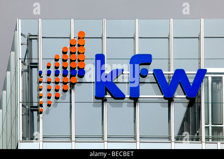 Logo at the headquarters of the KfW banking group, Kreditanstalt fuer Wiederaufbau, Reconstruction Loan Corporation, Frankfurt  Stock Photo
