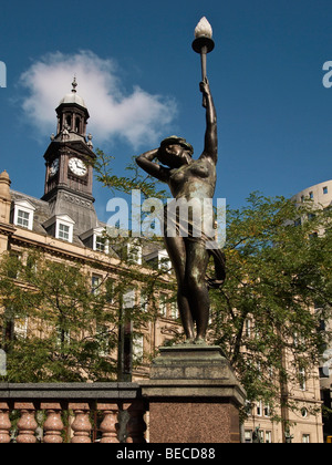 Old Post Office and Nymph statue and light standard by Alfred Drury in City Square Leeds UK Stock Photo