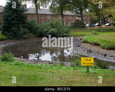 Pond in a park in Vught with very low water level and botulism warning sign. Vught, Noord Brabant, the Netherlands Stock Photo