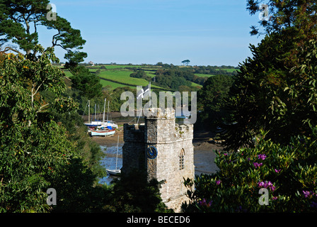 looking over the church to the creek at st.just in roseland cornwall, uk Stock Photo