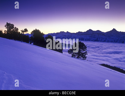 View from Niederhorn Mountain towards 4000m high mountains in winter before sunrise, fog filled valley, Bern, Switzerland, Euro Stock Photo