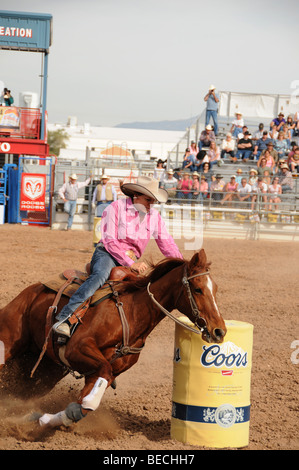 Cowgirls perform at the 84th Annual Tucson Rodeo, also know as Fiesta De Los Vaqueros, in Tucson, Arizona, USA. Stock Photo