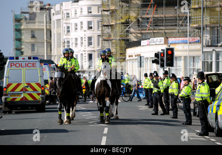 Police security some on horseback for a protest at the Labour Party Conference in Brighton UK Stock Photo