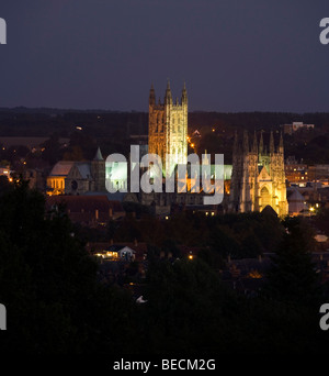 Canterbury Cathedral viewed from the university at night in Kent, UK. Stock Photo