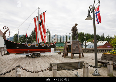 Bojer Wikan Fishermen's Memorial Park with Viking Ship, Sons of Norway Hall, Petersburg, Inside Passage, Alaska, USA Stock Photo