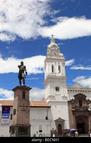 Statue of Marshall Sucre and Santo Domingo Church, Quito, Ecuador Stock Photo
