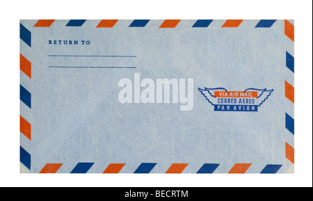 Airmail letter with distinctive blue and red trapezoid boxes on outside of envelope, shot on white with clipping path Stock Photo