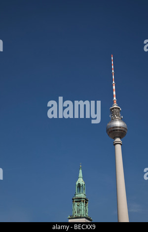 Berlin - Fernsehturm, Television Tower, and Marienkirche Alexanderplatz Stock Photo