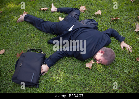 Businesman fallen flat on the grass Stock Photo