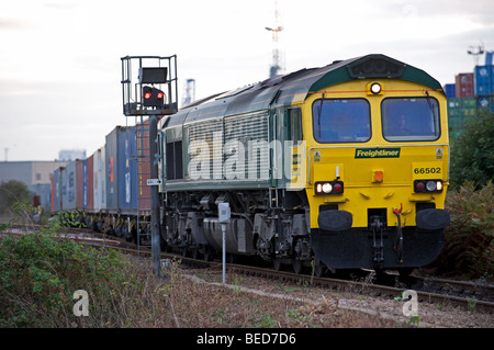 Freight train, port of Felixstowe, Suffolk, UK. Stock Photo
