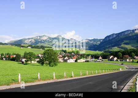 Country road in the Swiss Mountains, mountain panorama, Appenzell, Switzerland Stock Photo