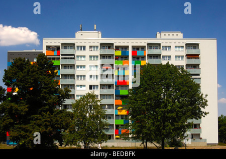 Modern residential buildings behind green trees, Dresden, Saxony, Germany, Europe Stock Photo