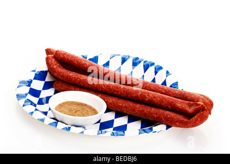 Ham Mettwurst sausages with sweet mustard, Bavarian Stock Photo
