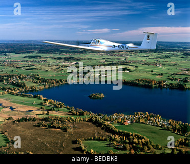 Aerial picture, power glider, small plane, Staffelsee Lake near Uffing, Murnau, Upper Bavaria, Germany, Europe Stock Photo