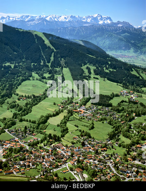 Aerial picture, Bad Kohlgrub, view of Wetterstein Range, in the back Unterammergau, Upper Bavaria, Germany, Europe Stock Photo