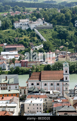View of the pilgrimage church Mariahilf on the Mariahilfberg mountain and of the former Jesuit church Sankt Michael, Passau, Ba Stock Photo