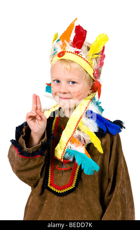 5-year-old boy dressed up as an American Indian, peace greeting Stock Photo