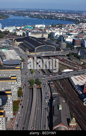 City overview of downtown Hamburg with main train station, center, and sailing boats on the Alster lake, rear, district of St.  Stock Photo