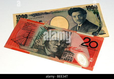 Australian Dollar and Japanese Yen Bank Notes. Stock Photo