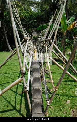 Bamboo & Notched Trunk Bridge or Footbridge built by the Bidayuh Tribe at Sarawak Cultural Village near Kuching Sarawak Malaysia Borneo Stock Photo